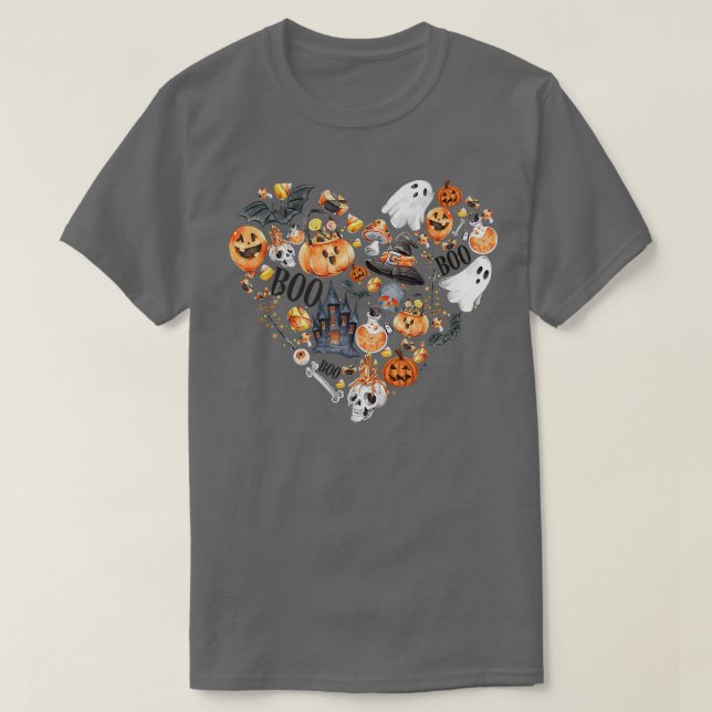 Halloween Heart With Pumpkins Ghosts Haunted House T-Shirt (Design Front)