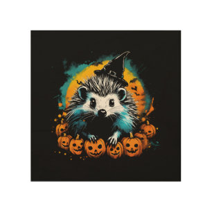 Halloween Hedgehog and pumpkins cute Wood Wall Art