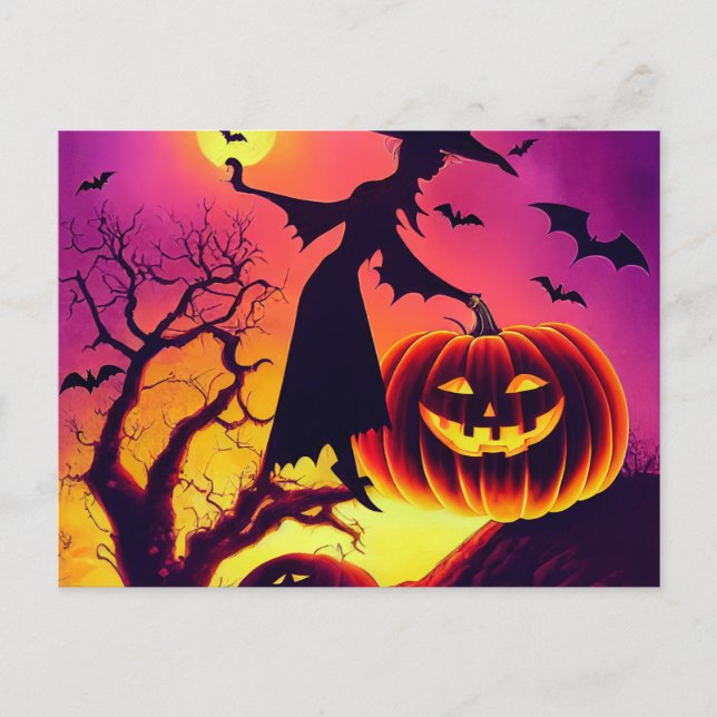 Halloween Hexe tanzt mit Kürbiss im Mondlicht.  Postcard (Front)