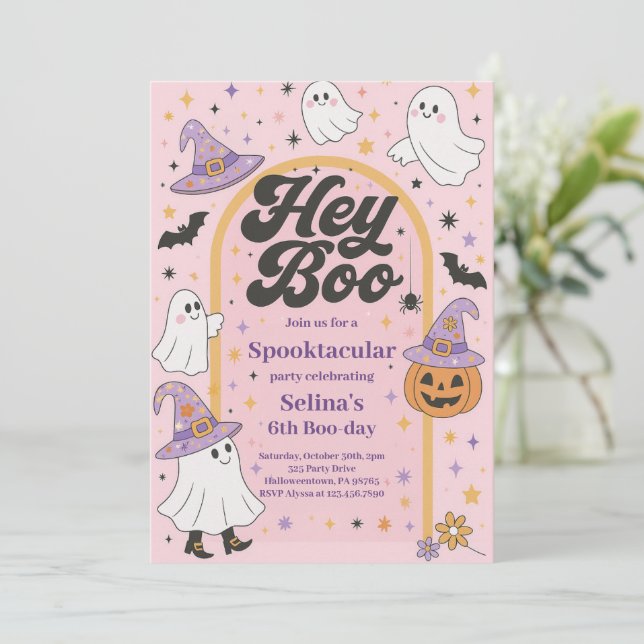 Halloween Hey Boo Cute Ghost Birthday Party Invitation (Standing Front)