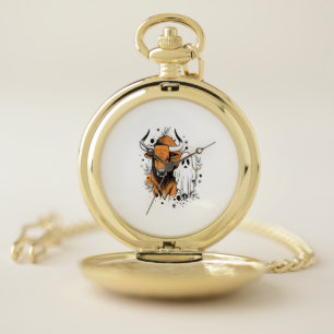 Halloween Highland Cow Cute Fall Pocket Watch