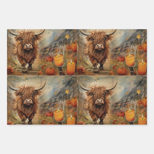 Halloween Highland Cow Portrait Ephemera Wrapping Paper Sheets (Front)
