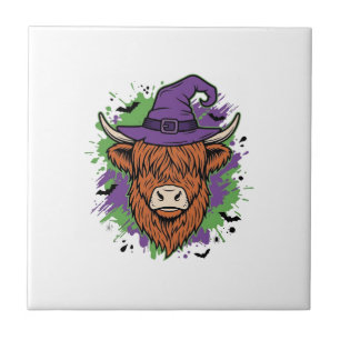 Halloween Highland Cow Witch Hat Vintage Vector_1 Ceramic Tile