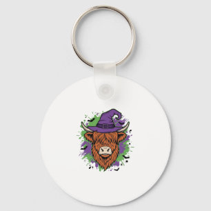 Halloween Highland Cow Witch Hat Vintage Vector_1 Keychain