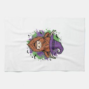 Halloween Highland Cow Witch Hat Vintage Vector_1 Kitchen Towel