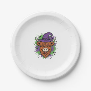 Halloween Highland Cow Witch Hat Vintage Vector_1 Paper Plates