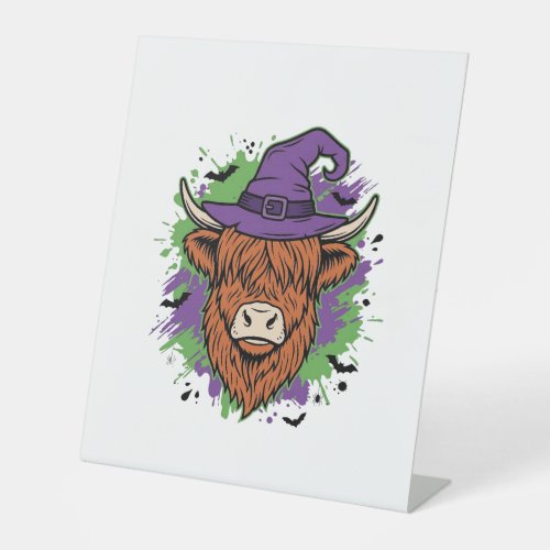 Halloween Highland Cow Witch Hat Vintage Vector_1 Pedestal Sign