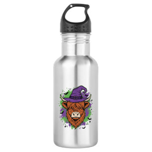 Halloween Highland Cow Witch Hat Vintage Vector_1 Stainless Steel Water Bottle