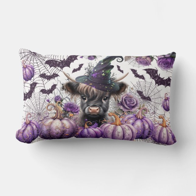 Halloween Highland Cow Witch Purple Pumpkins Lumbar Pillow (Front)