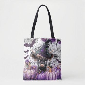 Halloween Highland Cow Witch Purple Pumpkins Tote Bag by iBella at Zazzle