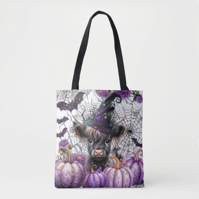 Halloween Highland Cow Witch Purple Pumpkins Tote Bag (Front)