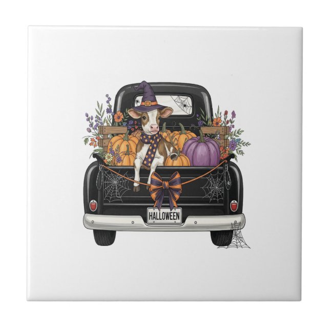 Halloween Highland Cow with Truck Ceramic Tile (Front)