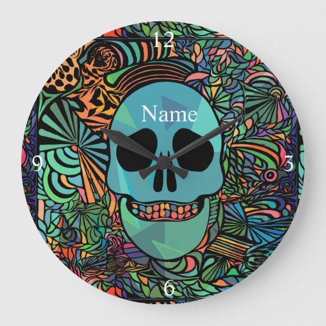 Halloween Hippie Skull Thunder_Cove Large Clock (Front)