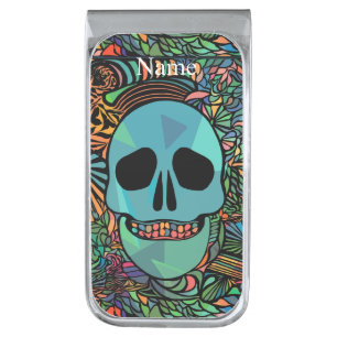 Halloween Hippie Skull Thunder_Cove  Silver Finish Money Clip