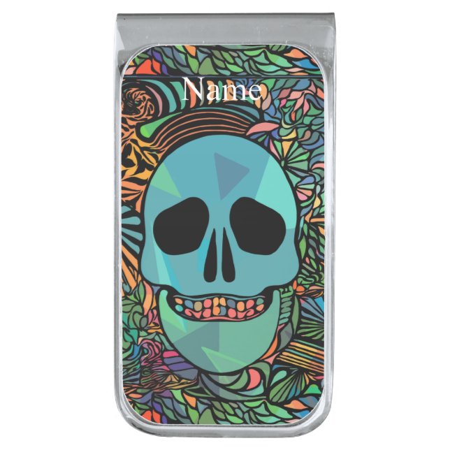 Halloween Hippie Skull Thunder_Cove  Silver Finish Money Clip (Front Vertical)