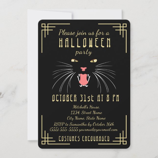 Halloween Hissing Cat Black Elegant Invitation (Front)