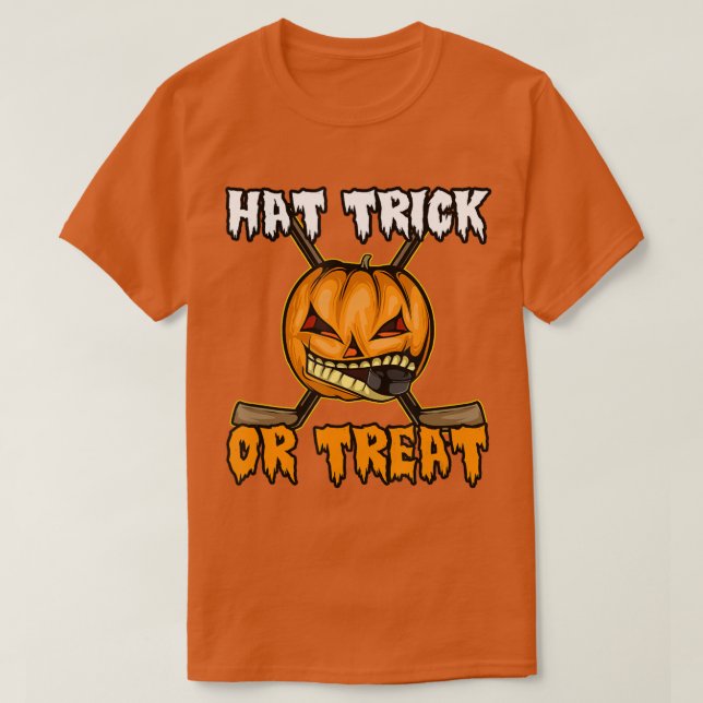 Halloween Hockey Hat Trick Or Treat Funny  T-Shirt (Design Front)
