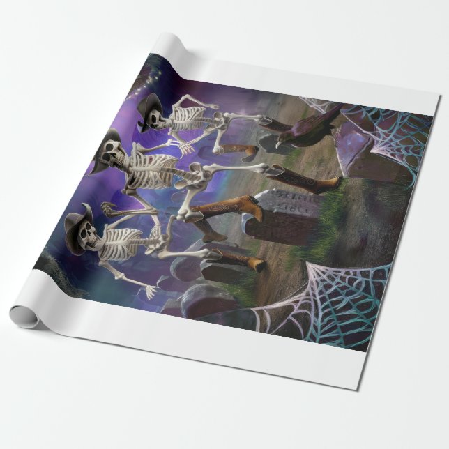 Halloween Hoedown, Line Dancing Skeletons Wrapping Paper (Unrolled)
