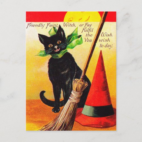 Halloween Holiday black cat Vintage postcard
