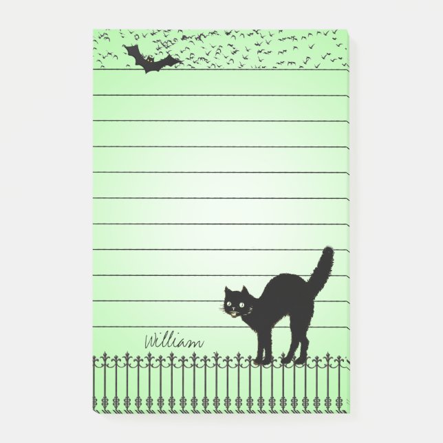  Halloween Holiday Silhouettes Black Cat Green BG Post-it Notes (Front)