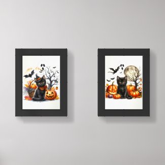 Halloween Home Decor Cat and Pumpkins Print Set