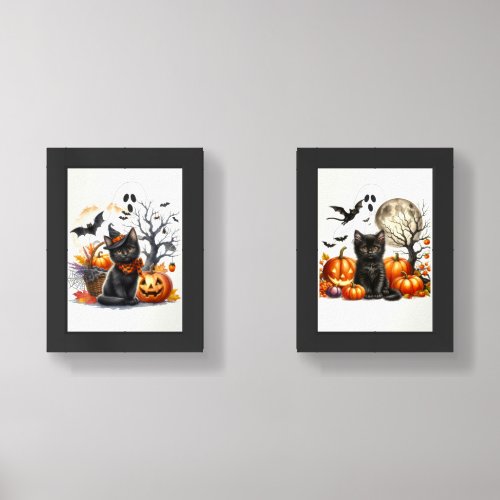 Halloween Home Decor Cat and Pumpkins Print Set