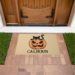 Halloween Home Pumpkin and Black Cat Personalized Doormat