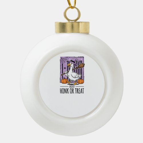 Halloween Honk or Treat Witch Goose Ceramic Ball Christmas Ornament
