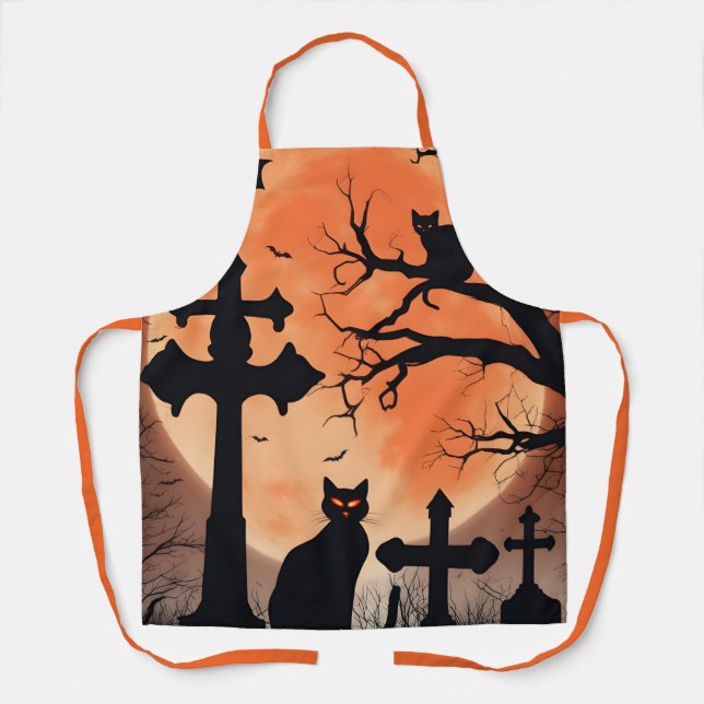 Halloween Horror Eerie Graveyard Black Cats Apron (Front)