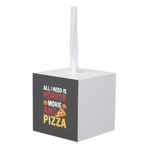 Halloween Horror Movie and Pizza Typography Cube Ornament