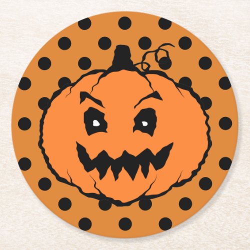 Halloween Horror Pumpkin Black Polka Dots Round Paper Coaster