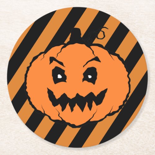 Halloween Horror Pumpkin Black Stripes Round Paper Coaster