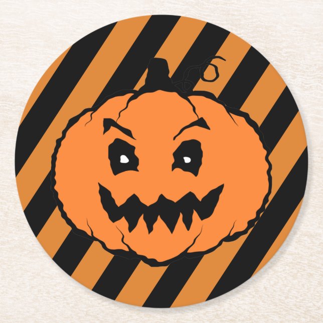 Halloween Horror Pumpkin Black Stripes Round Paper Coaster (Front)