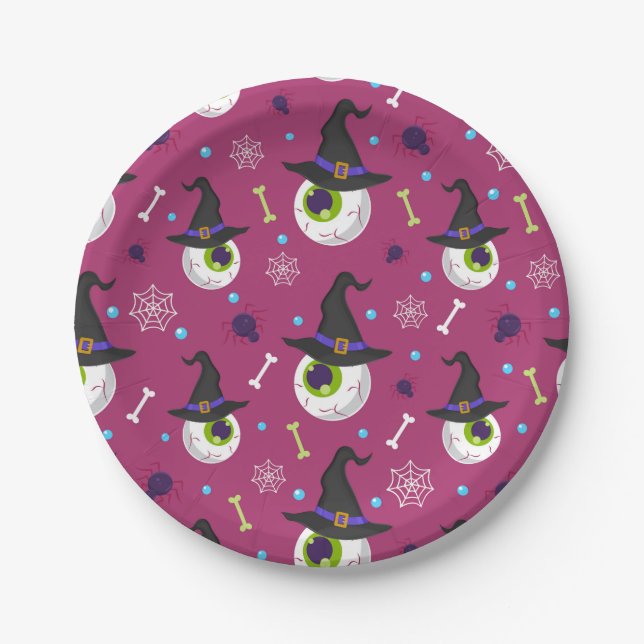 Halloween Horror Spooky Eyeball Witch Hat Spider Paper Plates (Front)