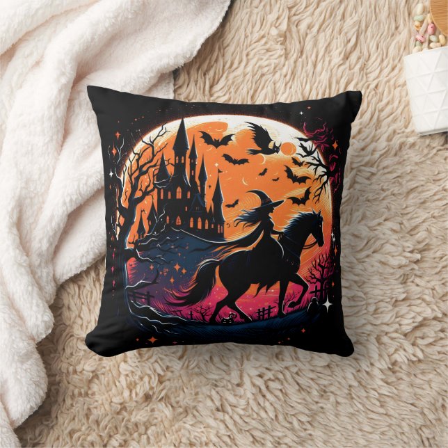 Halloween horse ride under a spooky moonlight throw pillow (Blanket)