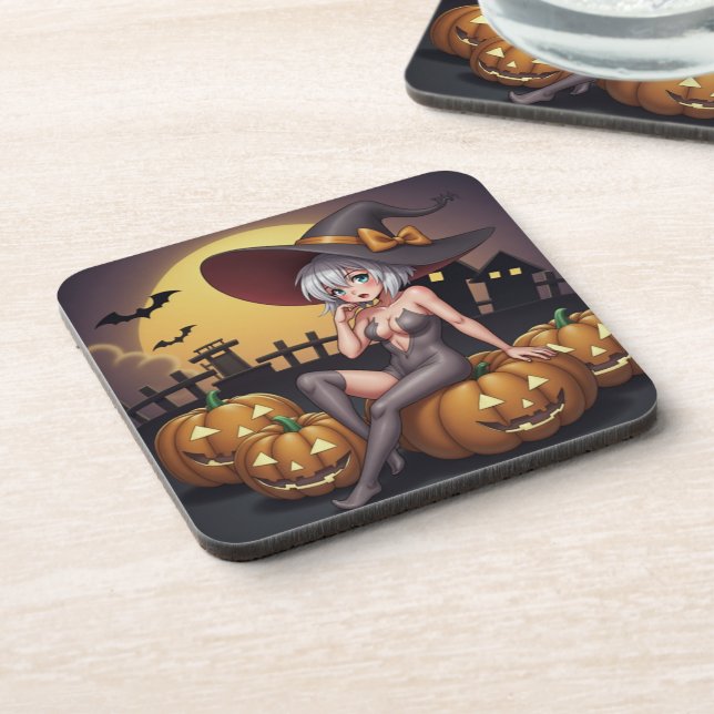 Halloween Hot Anime Witch on Jack-O-Lantern Beverage Coaster (Left Side)
