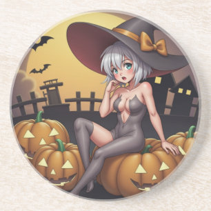 Halloween Hot Anime Witch on Jack-O-Lantern Coaster