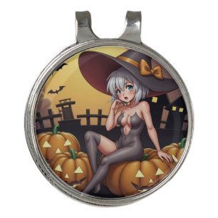 Halloween Hot Anime Witch on Jack-O-Lantern Golf Hat Clip