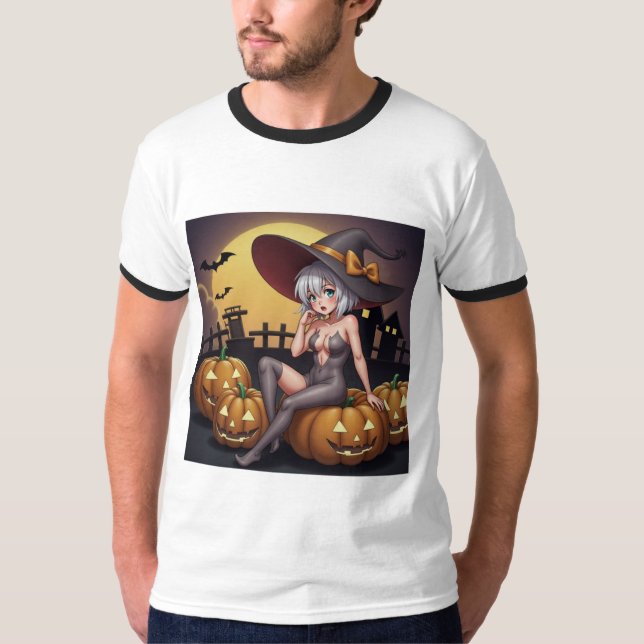 Halloween Hot Anime Witch on Jack-O-Lantern T-Shirt (Front)