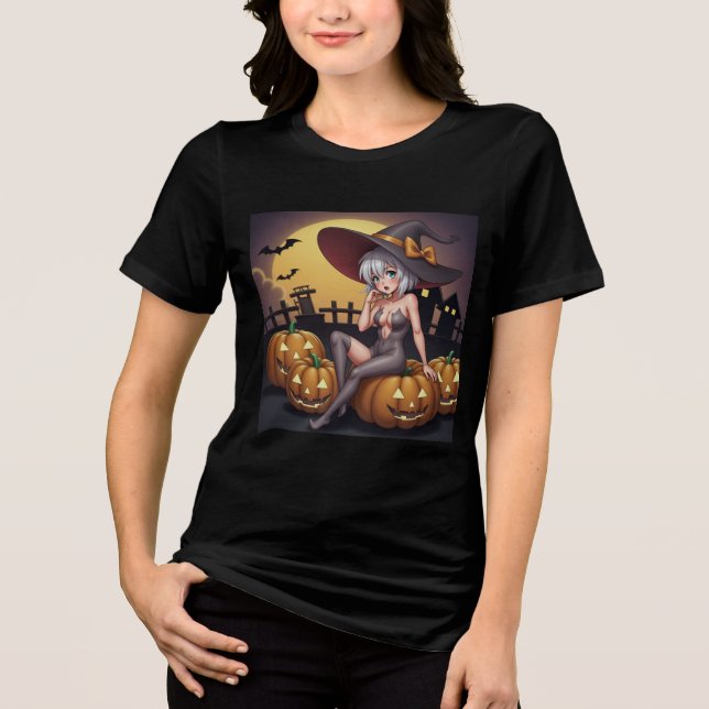 Halloween Hot Anime Witch on Jack-O-Lantern Tri-Blend Shirt (Front)