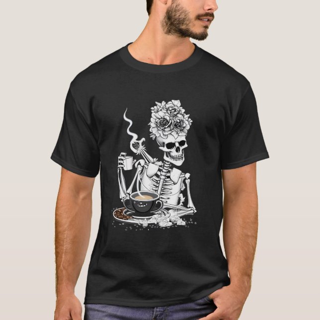 Halloween Hot Coffee Drinking Skeleton With A Rose T-Shirt (Front)