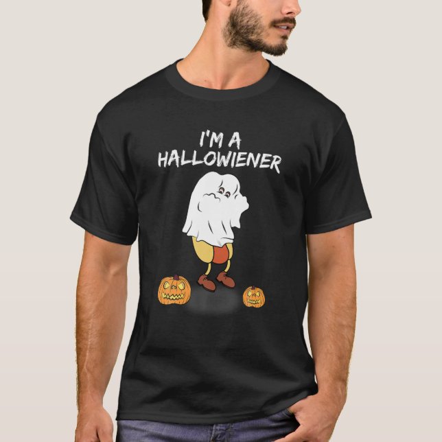Halloween Hot Dog, Wiener Dress Up In Ghost Costum T-Shirt (Front)