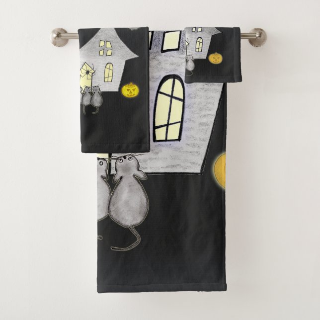 Halloween House, Black Cats, Bats, Pumpkins Bath Towel Set (Insitu)
