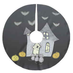 Halloween House, Black Cats, Bats, Pumpkins Brushed Polyester Tree Skirt
