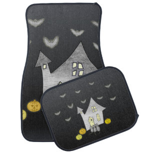 Halloween House, Black Cats, Bats, Pumpkins Car Floor Mat