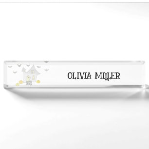 Halloween House, Black Cats, Bats, Pumpkins Desk Name Plate