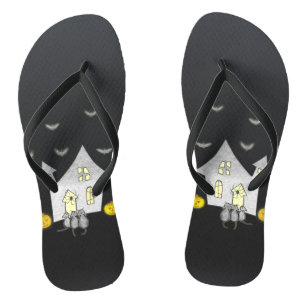 Halloween House, Black Cats, Bats, Pumpkins Flip Flops