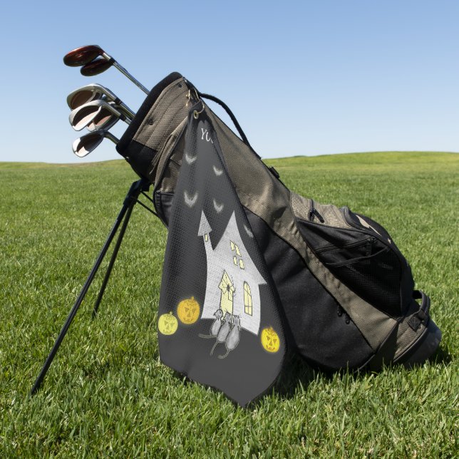 Halloween House, Black Cats, Bats, Pumpkins Golf Towel (Green)