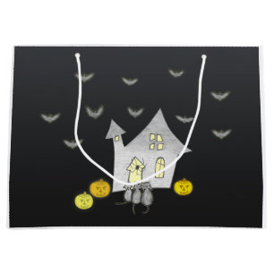 Halloween House, Black Cats, Bats, Pumpkins Large Gift Bag