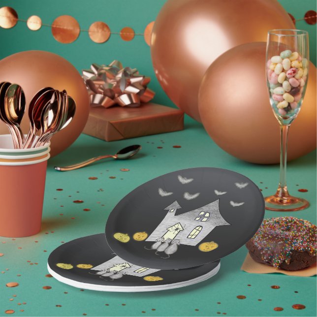 Halloween House, Black Cats, Bats, Pumpkins Paper Plates (Multi)